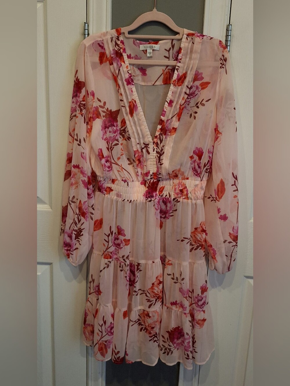 GUESS Pink & Magenta Floral V-Neck Sheer Blouse